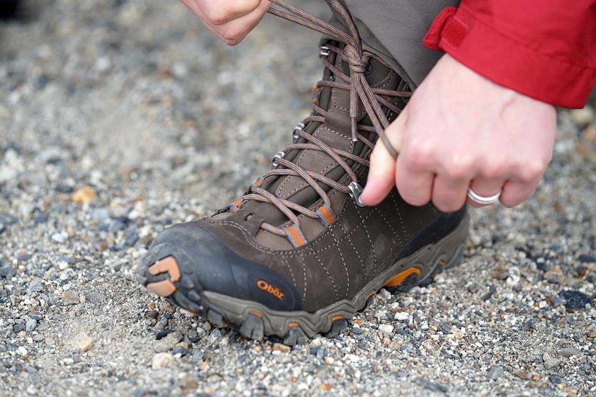 Oboz Bridger Mid Waterproof hiking boots (lacing up)